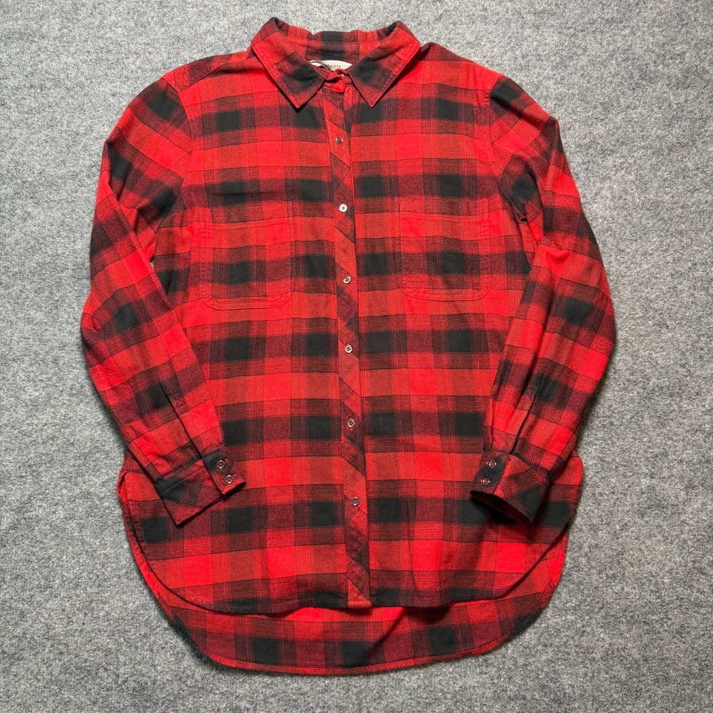 ATHLETA Red Black Buffalo Check Plaid Flannel Button Down Shirt Large RN 54023